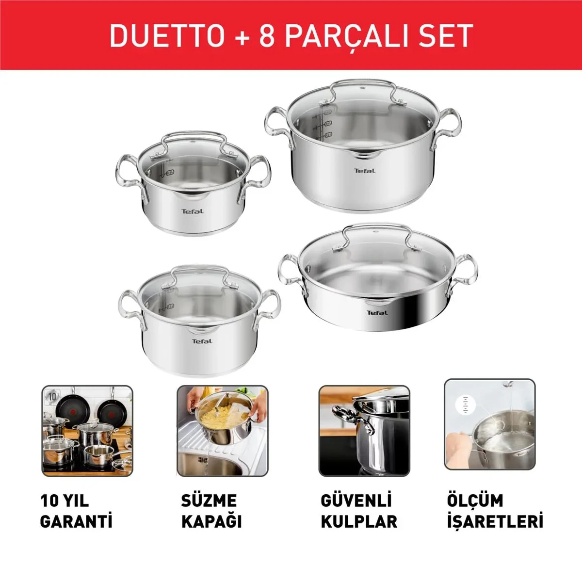 Qazan dəsti Tefal, Duetto 8 Parça Çelik Tencere Seti